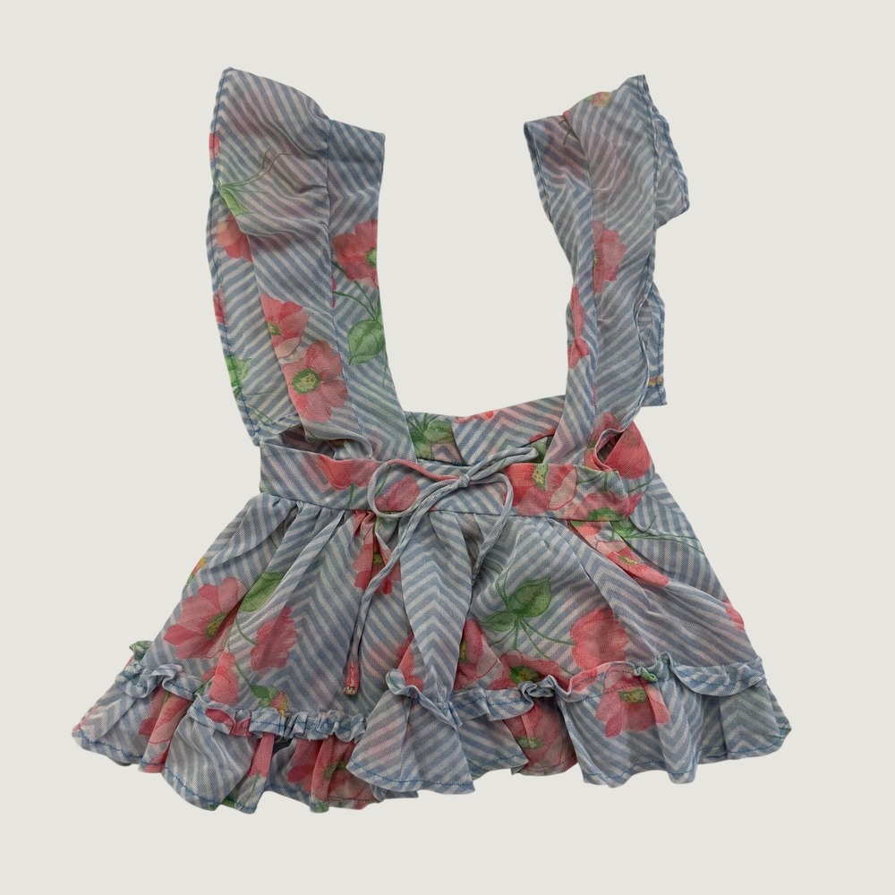 Vintage 1970s Baby Girl Pinafore Apron Dress Appr 12-18M Blue Pink Floral Ruffle